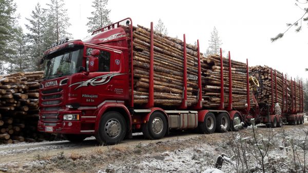 Pikkujätti eli 84-tonninen puutavara-auto kuormattuna ja valmiina ajoon.  